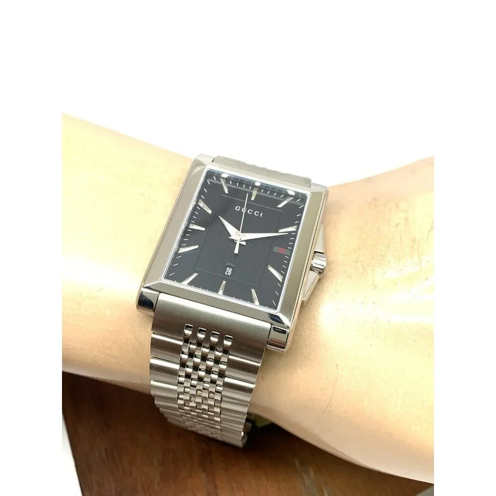 Gucci Men's Watch YA138401 G-Timeless Swiss Quartz Black Dial Silver Steel Tank